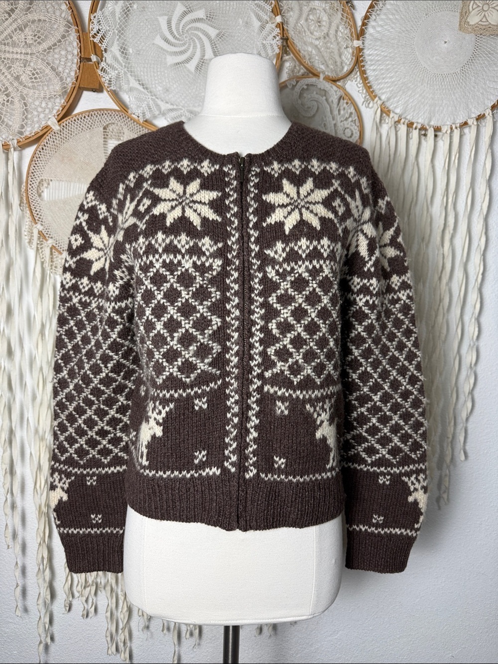 Squaw Valley Vintage Women’s Wool Nordic Fair Isle Zip Front Sweater Cardigan M